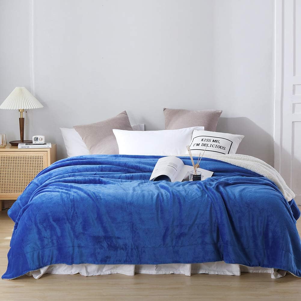 NANPIPER Bed Blanket Reversible Sherpa Flannel Blanket Super Soft Fuzzy Plush Fleece Microfiber (90"x90" Princess Blue) Queen