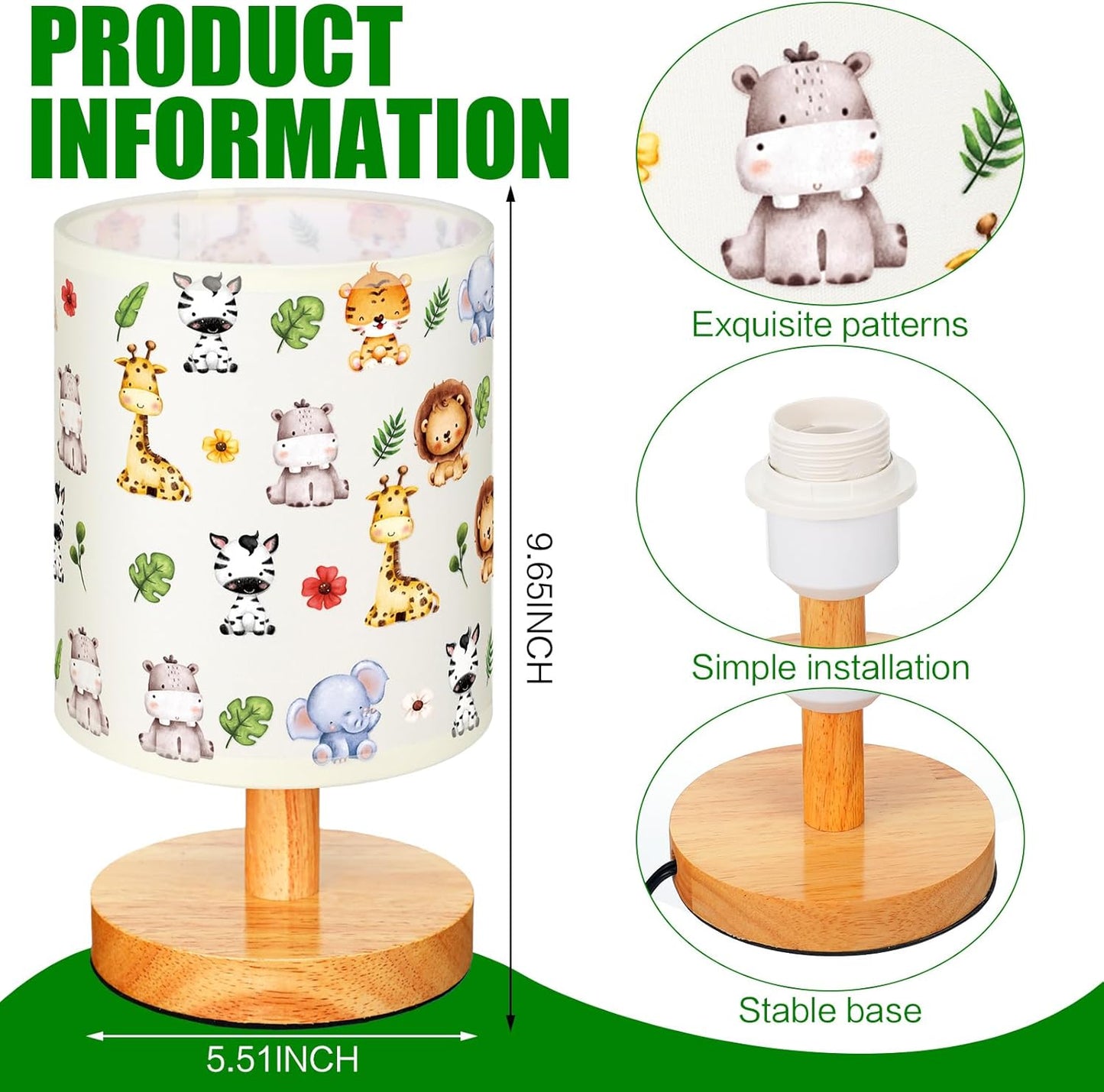 VIHOSE Safari Animal Kids Table Lamp for Bedroom Kids Bedside Lamp with Linen Wooden Nightstand Cartoon Nursery Lampshade for Girls Boys Living Room