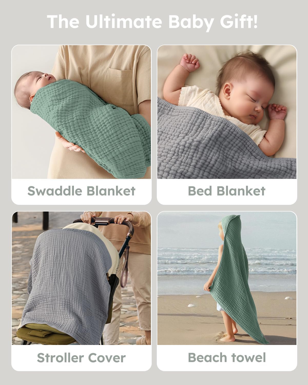 Yoofoss Hooded Baby Towels for Newborn 2 Pack 100% Muslin Organic Cotton Baby Bath Towel with Hood for Babies, Infant, Toddler and Kids,37.5“x37.5“,Soft and Absorbent Newborn Essential,Grey&Dark Green
