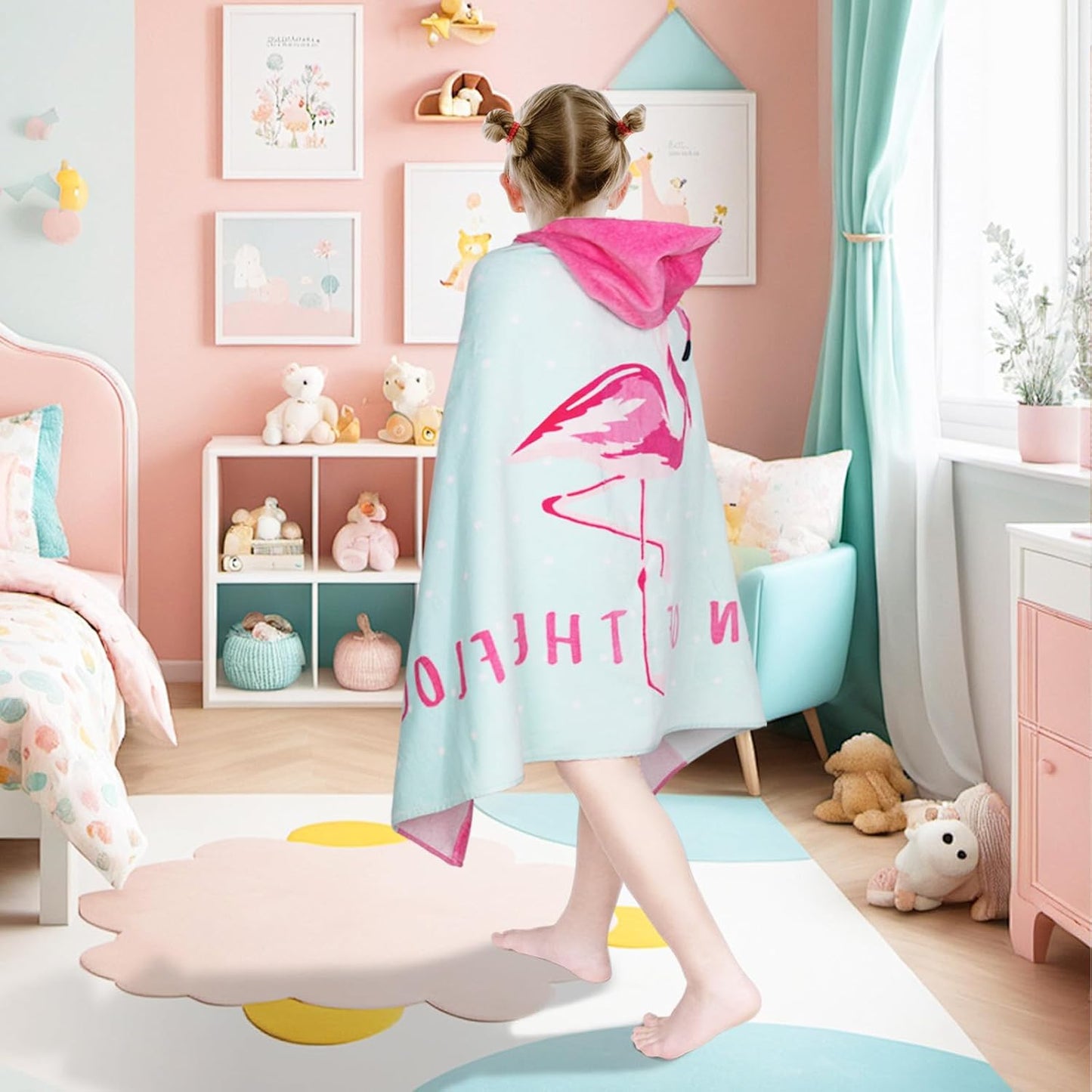 Kids Hooded Bath Towel-Soft Thick 100% Cotton Hooded Beach Towel for Kids 3-10 Years,Absorbent Fast-Drying Cute Toddler Bath & Swim Towel,for Boys & Girls 30"x50"(Flamingo Aqua)