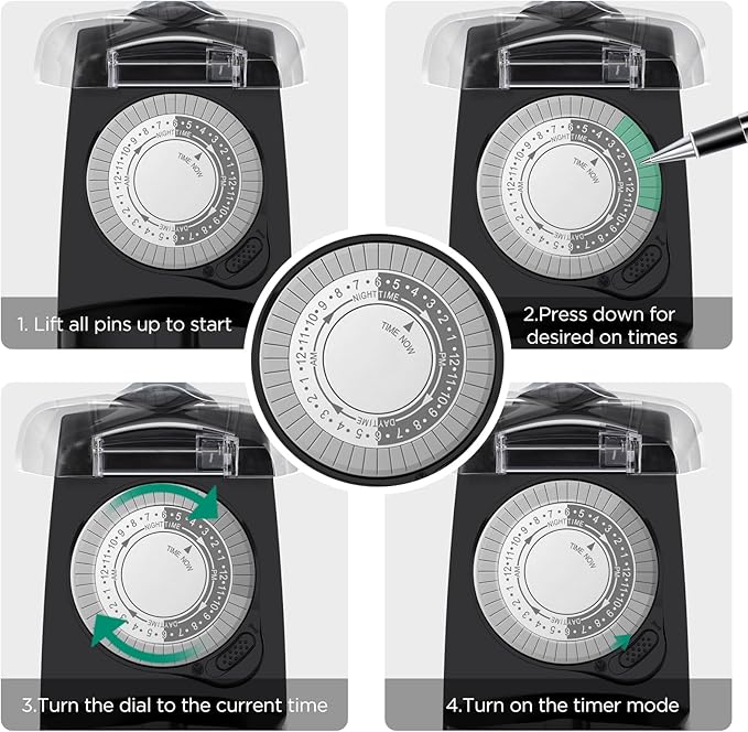 G-Homa 24 Hour Mechanical Outdoor Timer Outlet, Outdoor Timer for Lights, Waterproof, 2 Grounded Outlets, 15A 1/2HP, Heavy Duty, ETL Listed