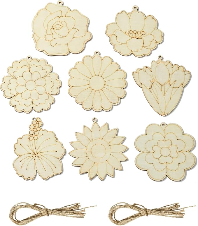 16 pcs Mixed Styles Cute Flower Theme Undyed Wood Cutout Charms Spring