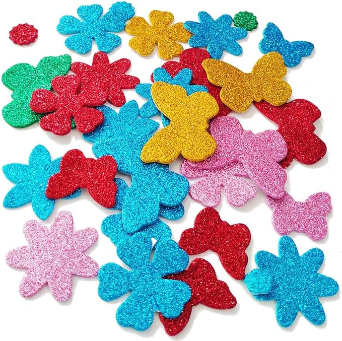 Glitter Foam Flower and Butterfly Shapes Stickers, Self-Adhesive Stickers Kid's