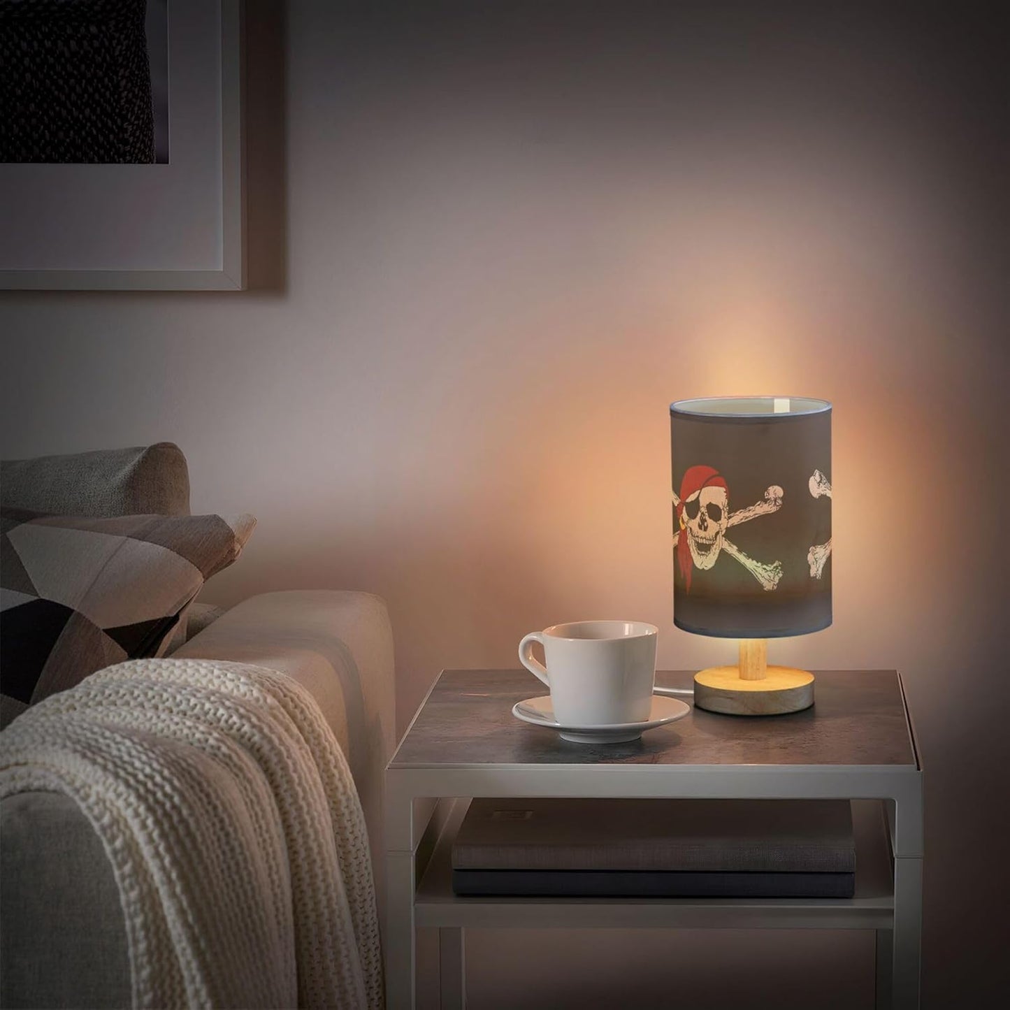 Table Lamp Pirate Skull Crossbones on Black Nightstand Lamp with Wood Base Fabric Lamp Shade Bedside Desk Lamp for Living Room Bedroom Kids Room Office