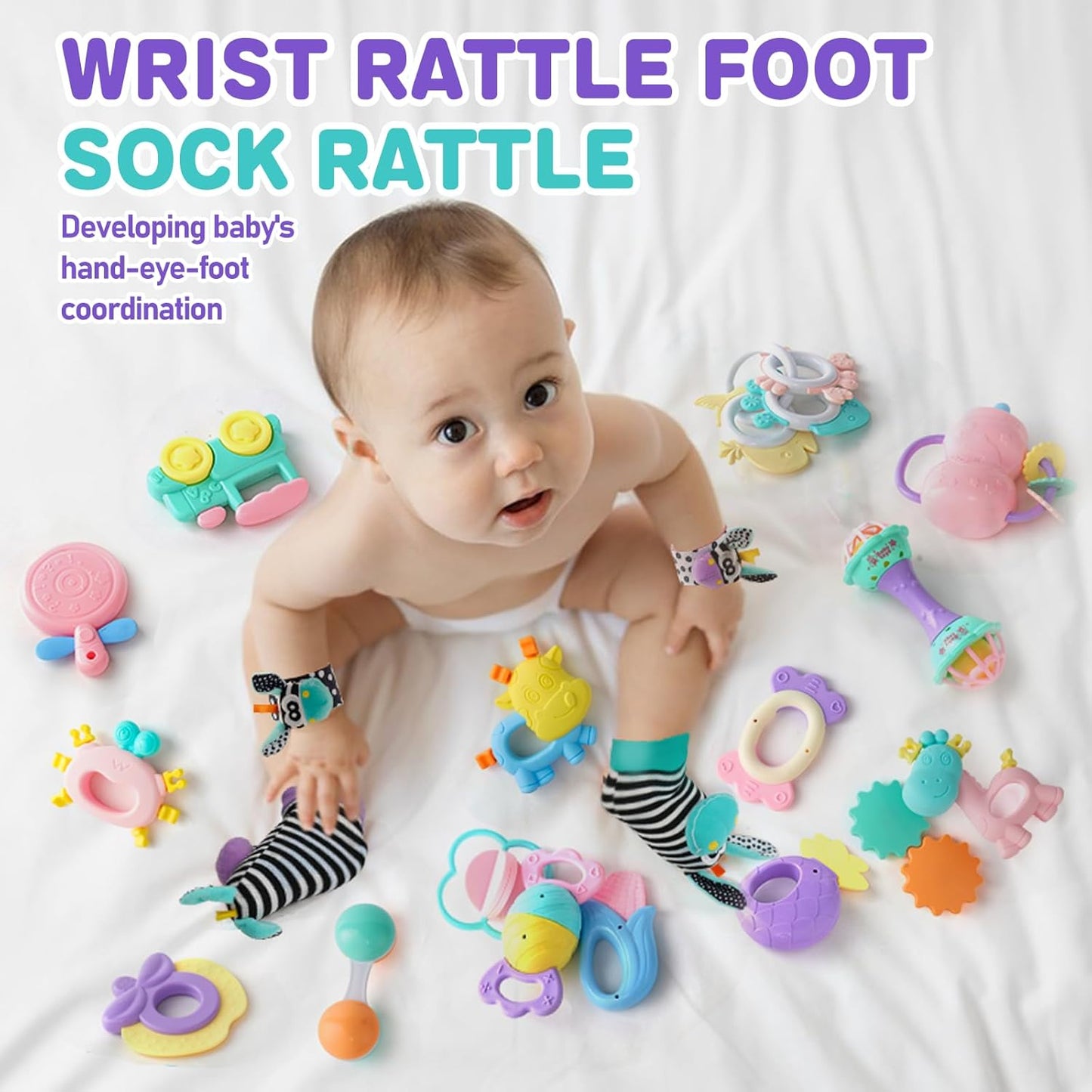 Baby Rattles 0-6 Months,Infant Sensory Teething Toys Set for 3-6 Months with Wrist Socks,Learning Developmental Toys,Perfect Baby Gift for 6-12 Months Newborn Boys Girls (Purple Rattle Set)