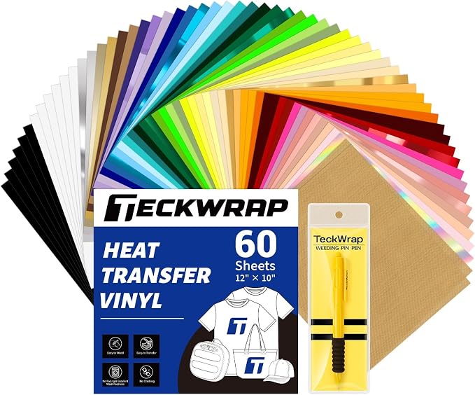 TECKWRAP Heat Transfer Vinyl for T-Shirts 60 Sheets 10"x12" Easy Cut & Weed |