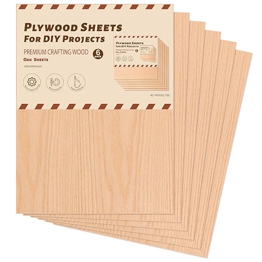 Rowood 6 Pack Oak Plywood Sheets 1/8, 3mm Thin Unfinished Craft Wood