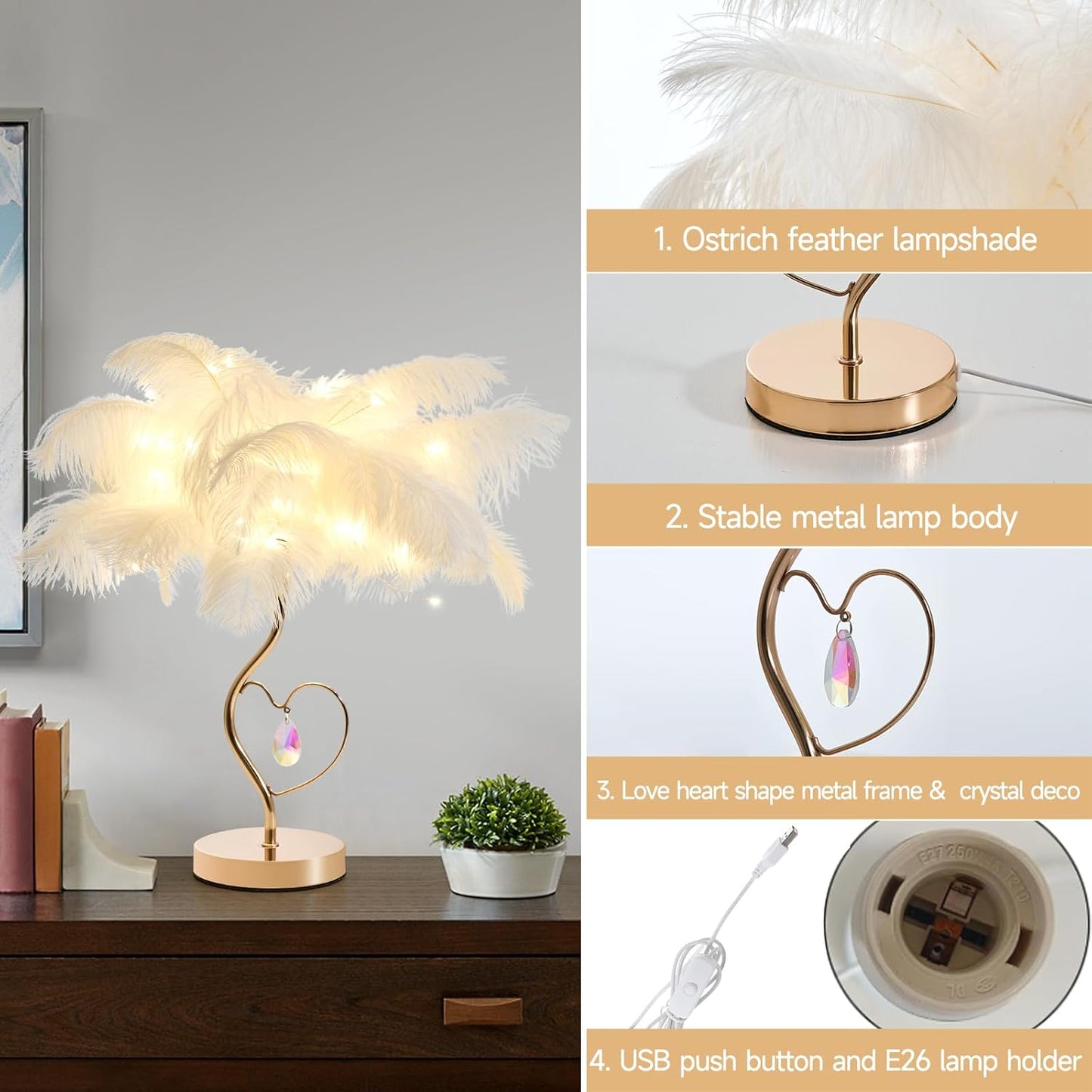White Ostrich Feather Lamp Princess Fluffy Bedside Lamp Romantic Feather Table Lamp Nightstand Light for Girl Bedroom Wedding Decor Valentine Dating Living Room Hotel Office