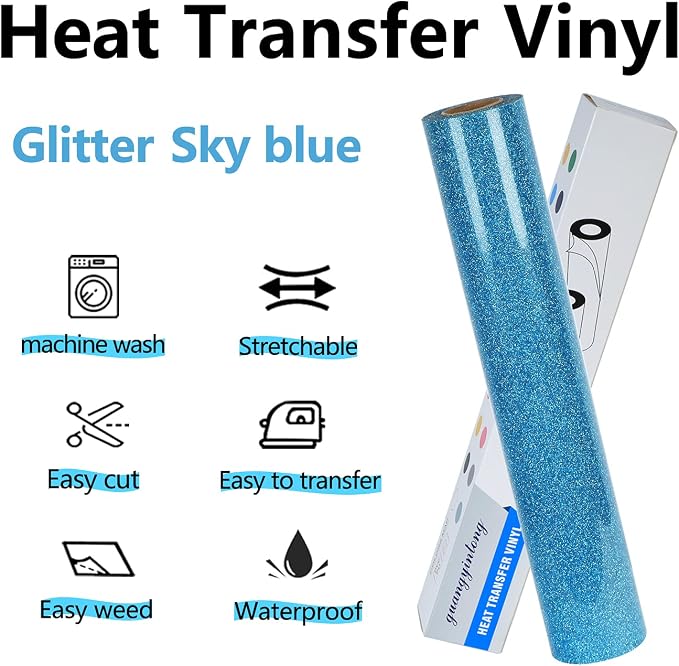 guangyintong Heat Transfer Vinyl Glitter Sky Blue HTV Rolls, Glitter HTV Vinyl