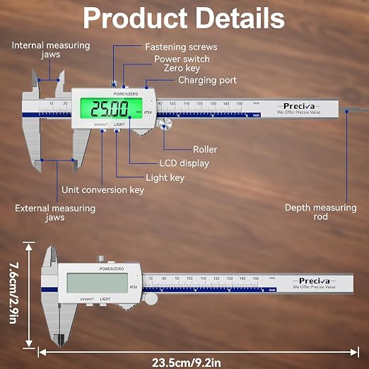 Preciva Backlight Digital Caliper, 6 Inch Rechargeable Electronic Micrometer