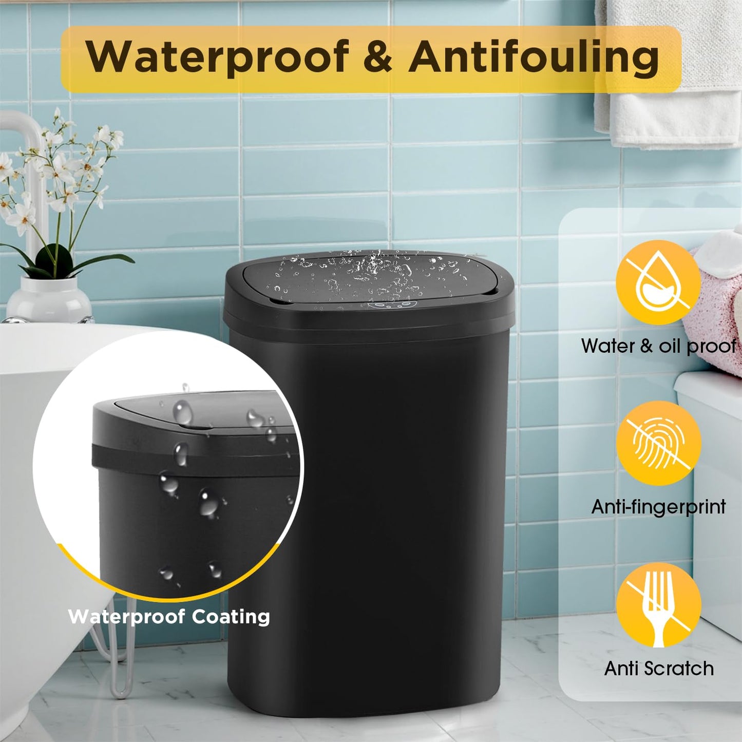 BestOffice | 13 Gallon Plastic Trash Can with Lid | Dark Black | Automatic Touchless Garbage Can | Odor Control | Modern Oval Design | Easy to Clean | Fits Any Kitchen, Bathroom, Office or Home