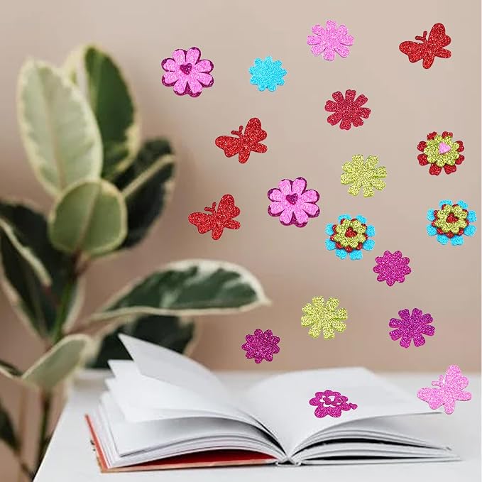 180PCS Glitter Foam Flower Stickers, Spring Theme Puffy Shapes |