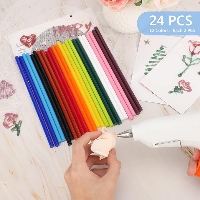 24PCS Mini Size 0.27" Dia x 8" Long Color Hot Melt Glue Sticks, All Temperature