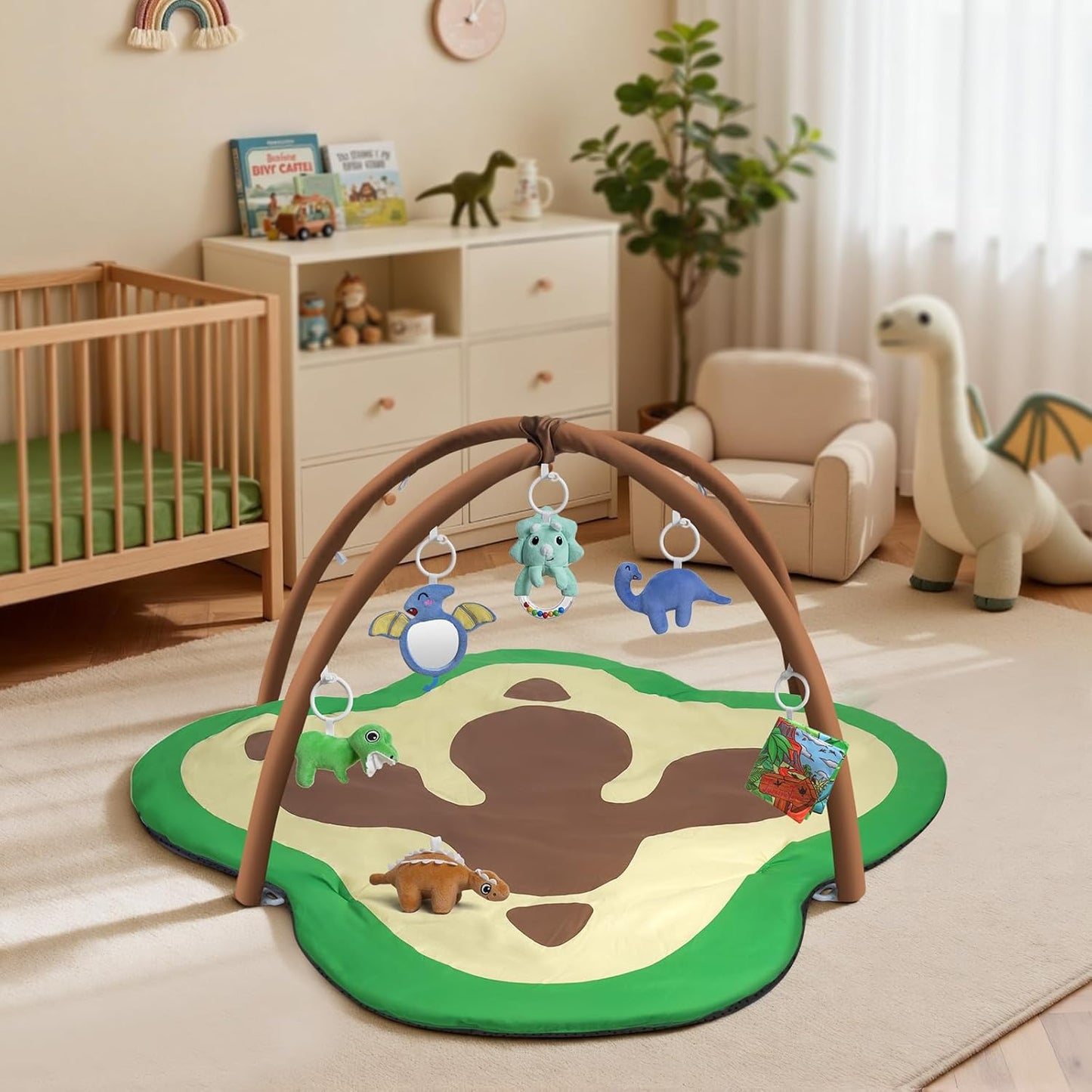 Baby Gym Play Mat, Oversize Dinosaur Claws Shaped Tummy Time Mat with 6 Detachable Baby Activity Toys, Baby Play Mat Promote Motor Skills & Sensory Development, Newborn Infant Essentials Gift