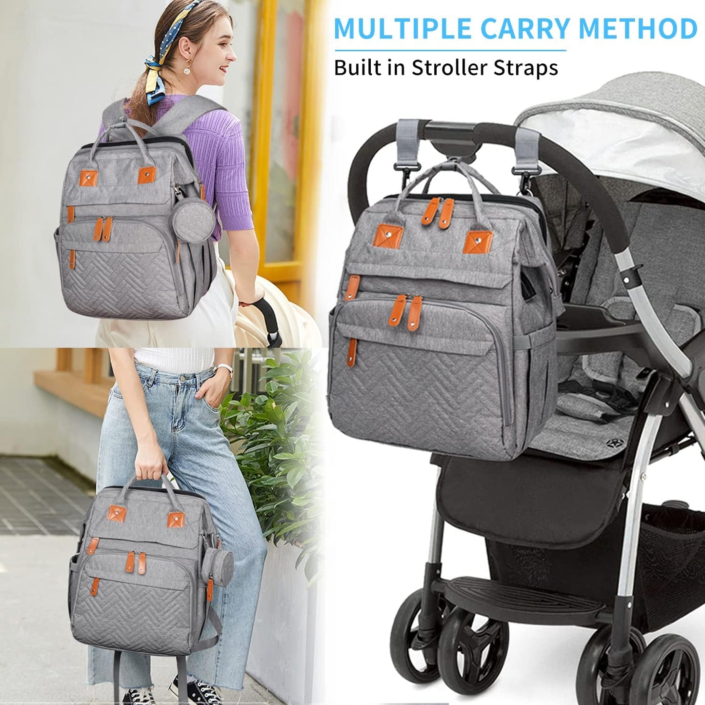 KABAQOO Diaper Bag Backpack with Detachable Changing Station, Large Capacity Baby Diaper Bags for Boys & Girls, Baby Registry Search Stuff & Shower Gifts, Newborn Essentials Must Haves, Grey