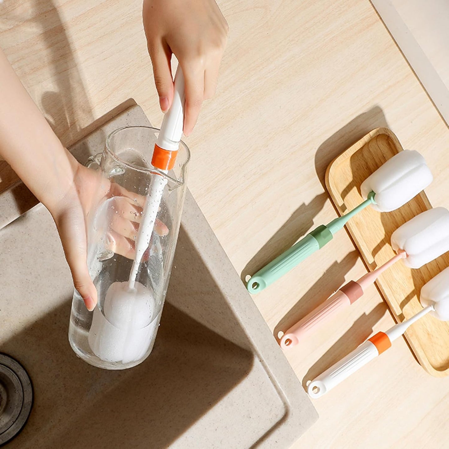 Dishwashing Foam Sponges Brush Telescopic Long Handle Scrubbing Brushes Clean Dishes, Sinks ,Cookware,Coffee Glasses Pot Milk Cup Mugs Wine Bottle (4pcs)