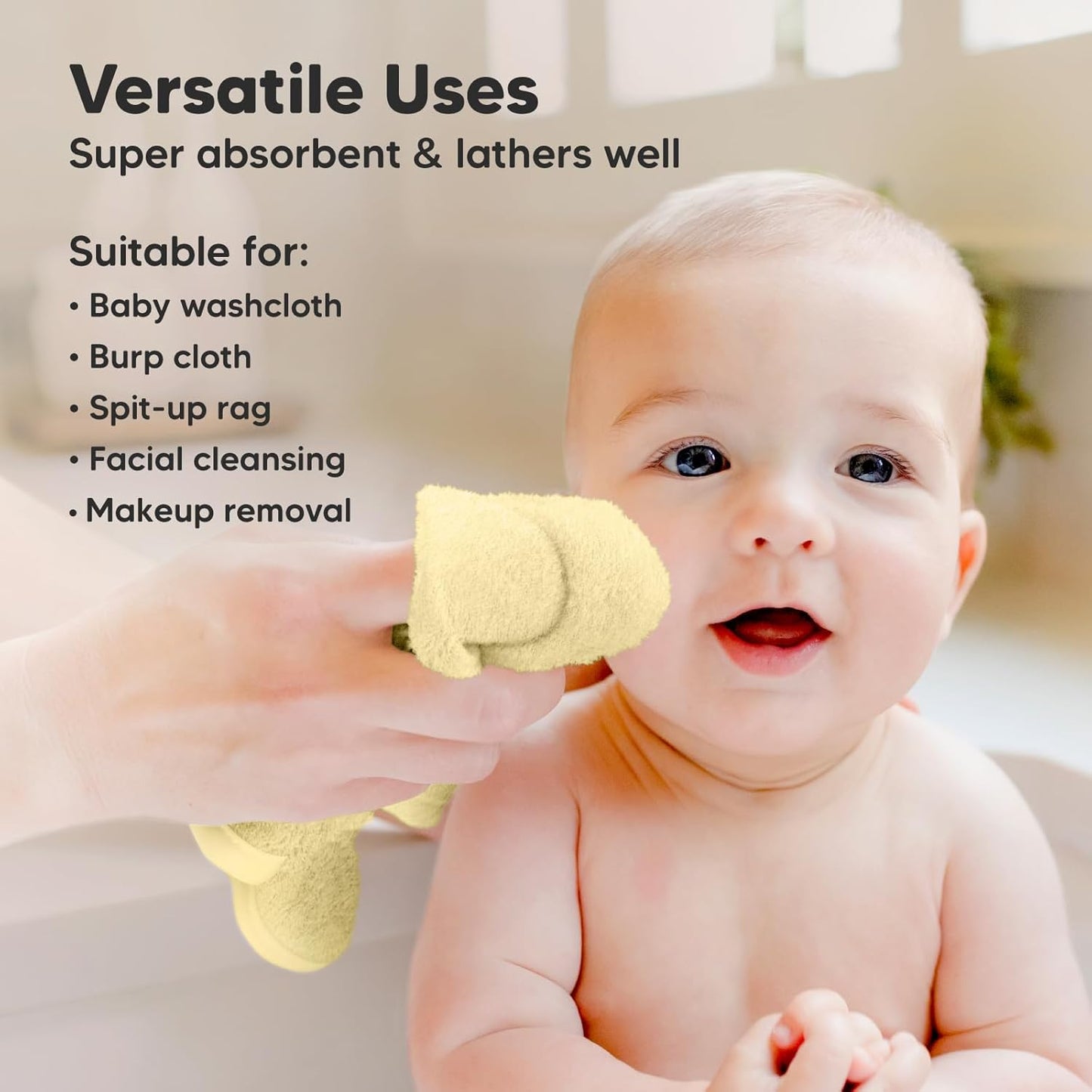 6-Pack Baby Washcloths - Soft Absorbent Viscose from Bamboo Wash Cloths for Babies, Kids, Toddlers, Infant, Newborn Bath Towels, Gentle on Sensitive Skin, 10x10 Reusable Face Towels (Sunshine)