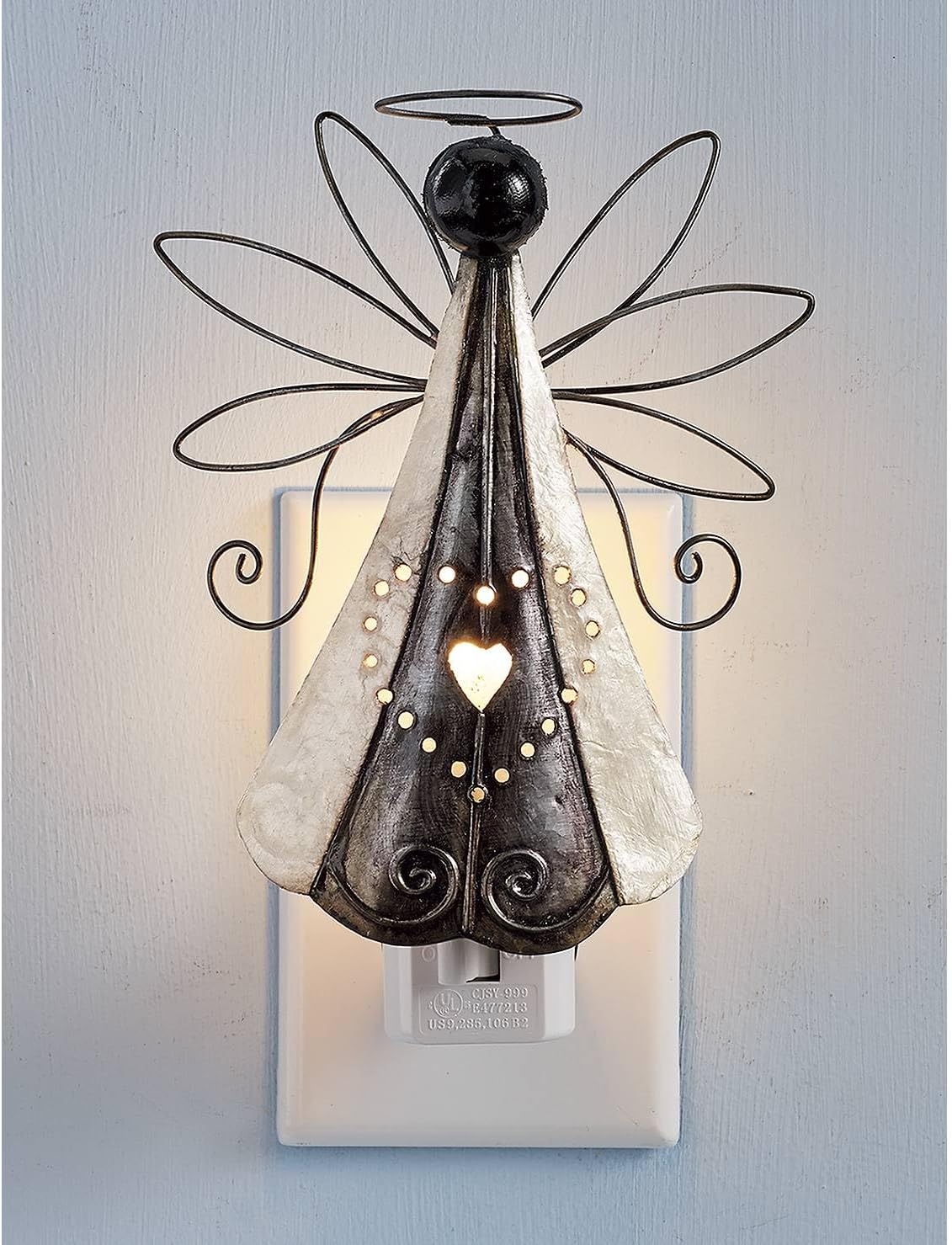 SAGEFINDS Angel Nightlight | Decorative Capiz Shell and Metal Art Design | Bedroom, Bathroom, Stairs, Nursery | Home Décor Accent | Rotating Plug | On/Off Switch | Bulb Included | 6” High