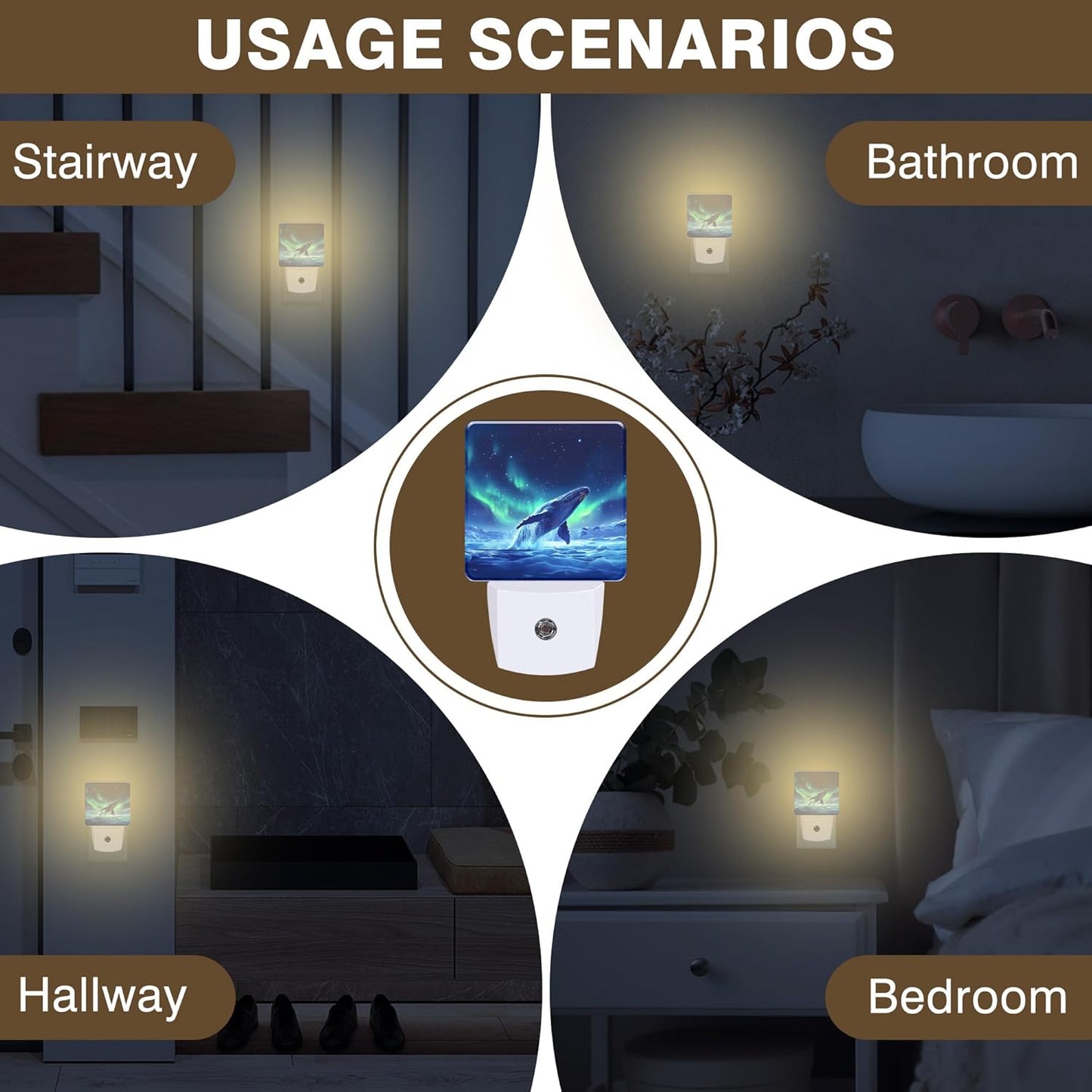 Jumping Whale Night Light, Aurora Plug-in Nightlight with Dusk to Dawn Auto Sensor for Home Bedroom Hallway Stairway Kitchen 0.5W Sleep Friendly Led Lamp for Women Men