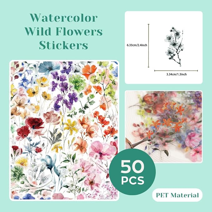 200 Pcs Clear PET Stickers Black Fine Line Flowers, Wildflowers & Mushrooms