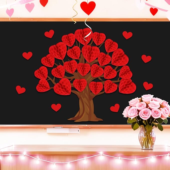 JarThenaAMCS 50Pcs Valentine' s Day Tree Bulletin Board Set 3D Heart Honeycomb