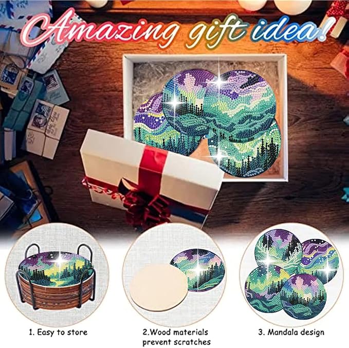 8 Pack Diamond Art Coasters, Northern Lights Diamond Painting Coasters Kits |