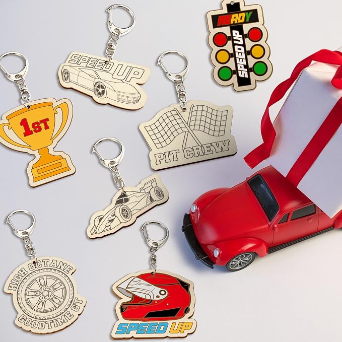 RattanView 24 Pcs Race Car Craft Color Your Own Keychains Diy Craft Wooden