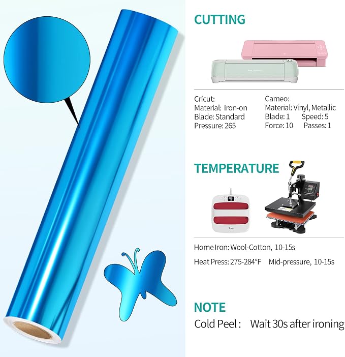 VINYL FROG Blue Metallic Foil Heat Transfer Vinyl 12" x5ft Blue HTV Vinyl Roll