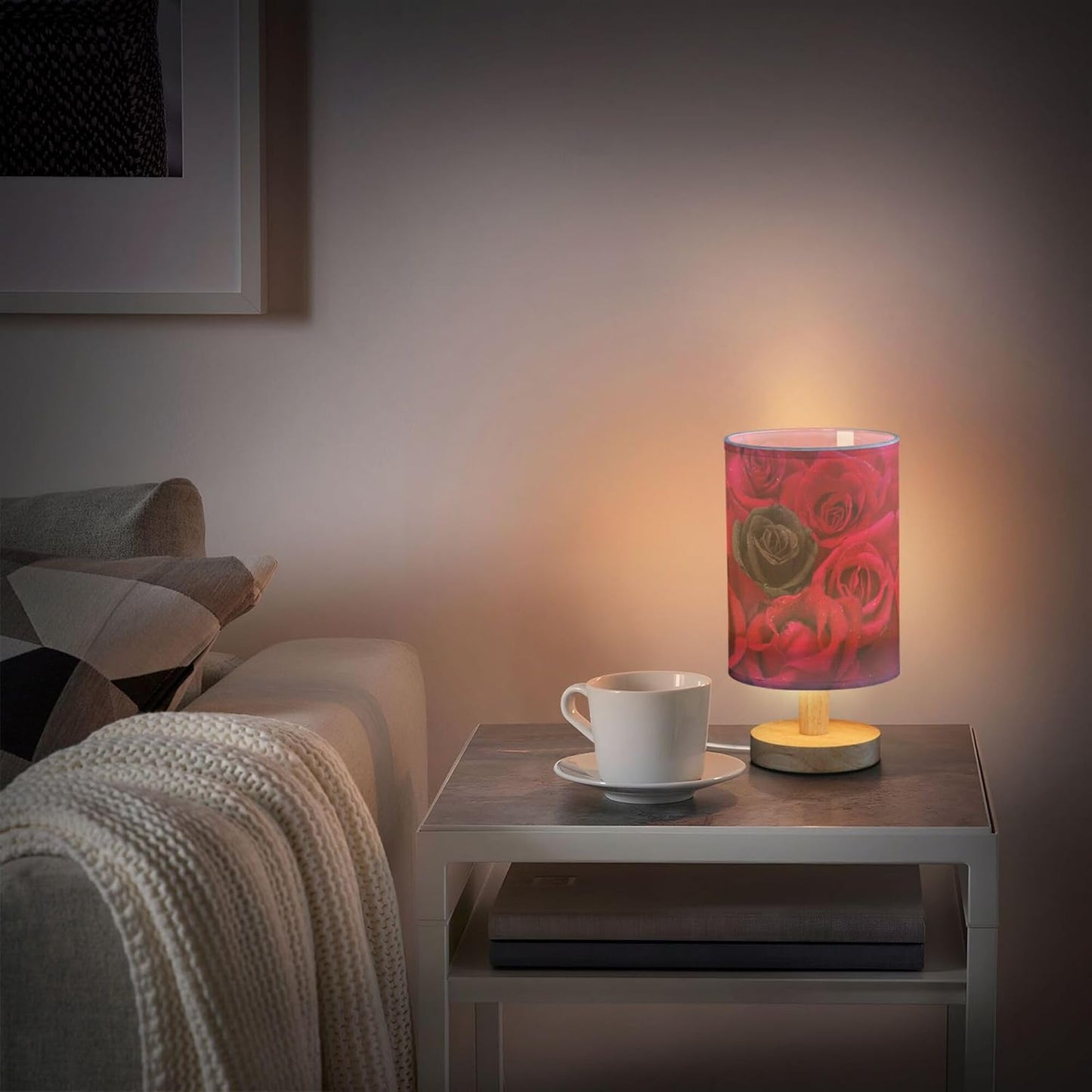 Table Lamp Black Rose in Red Roses Flower with Water Drops Valentines Day Nightstand Lamp with Wood Base Fabric Lamp Shade Bedside Desk Lamp for Living Room Bedroom Kids Room Office