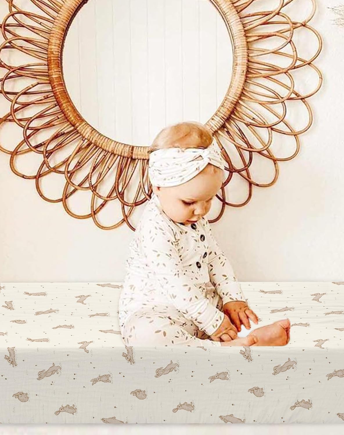 Changing Pad Cover for Baby Boy Girl 2 Pack, Muslin Changing Table Pad Covers with Boho Style, Neutral Nursery Bedding Essentials Soft and Breathable (Hopping Bunnies & Beige)