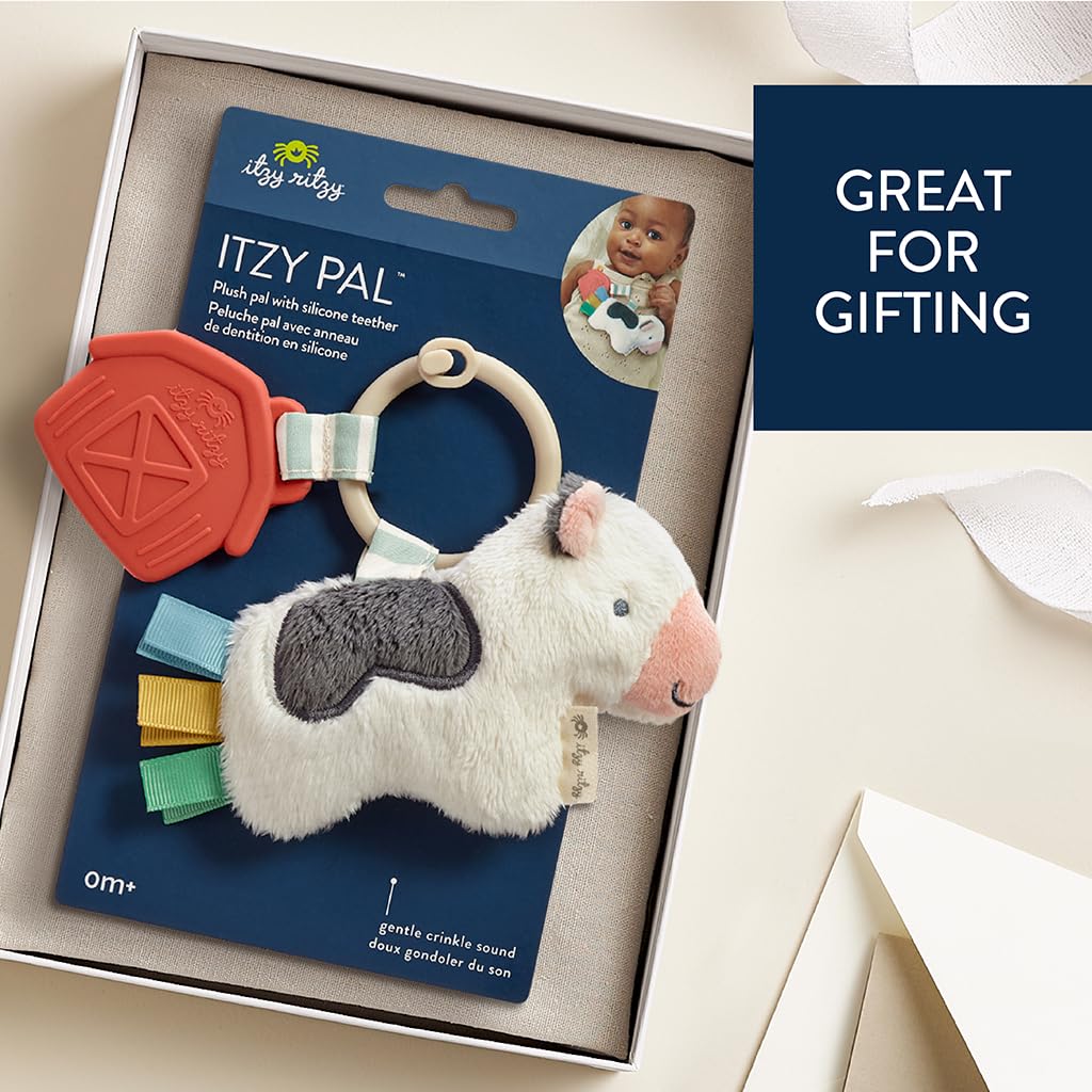 Itzy Ritzy Infant Toy & Teether - Itzy Pal Baby Teething Toy Includes Lovey, Crinkle Sound, Textured Ribbons & Silicone Teether for Newborn (Cow)