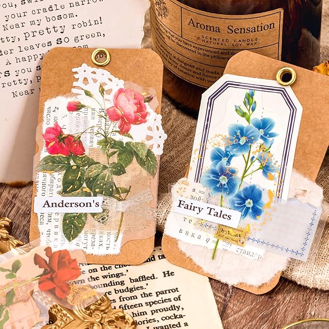 180PCS Gold Foil Vintage Botanical Flower Scrapbook Stickers, Craft Supplies