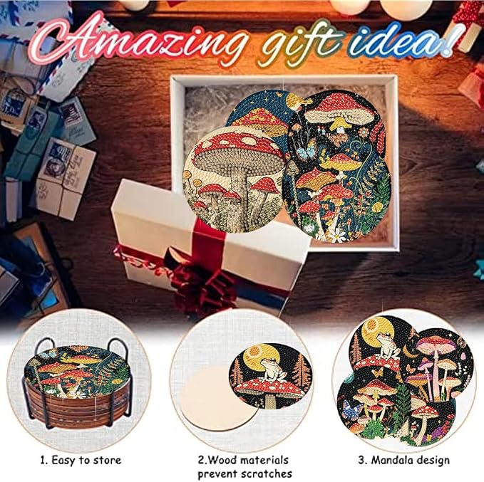 Zythron 8 Pack Diamond Art Coasters, Mushroom Diamond Painting Coasters Kits |
