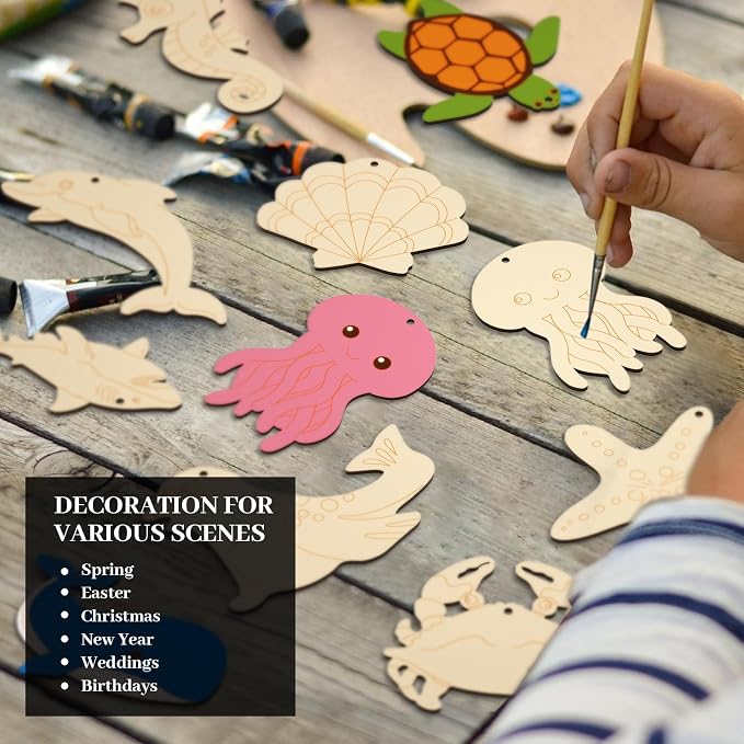 Subacy 80 PCS Unfinished Wood Cutouts 10 Styles DIY Wooden Ocean Ornaments