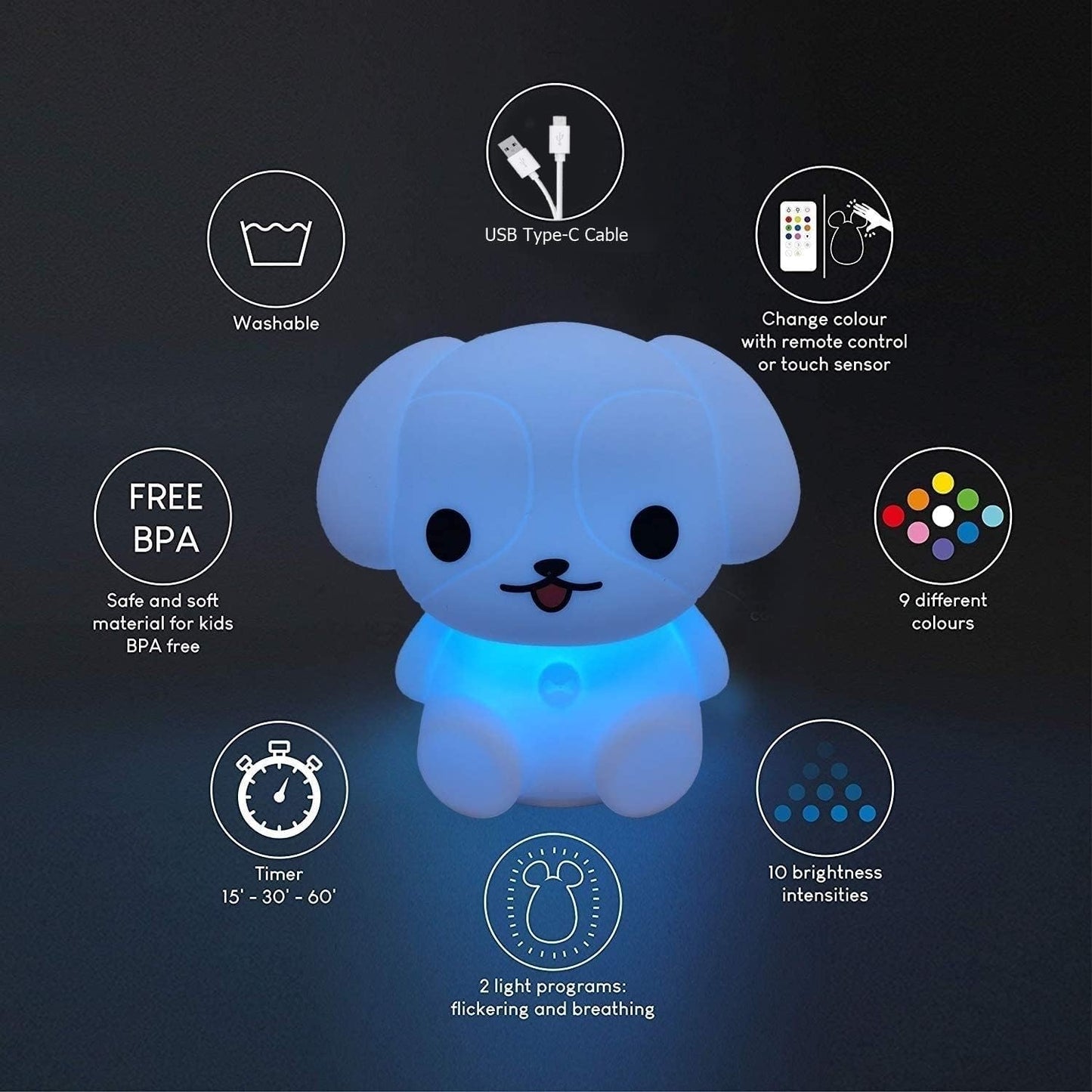 Night Lights Dog Silicone Bedside lamp for Children, Baby Nursery Light Decorative Lamps Decompression Light - Break Resistant/Eye Caring/Adjustable Brightness & Color/Time Setting - Medium