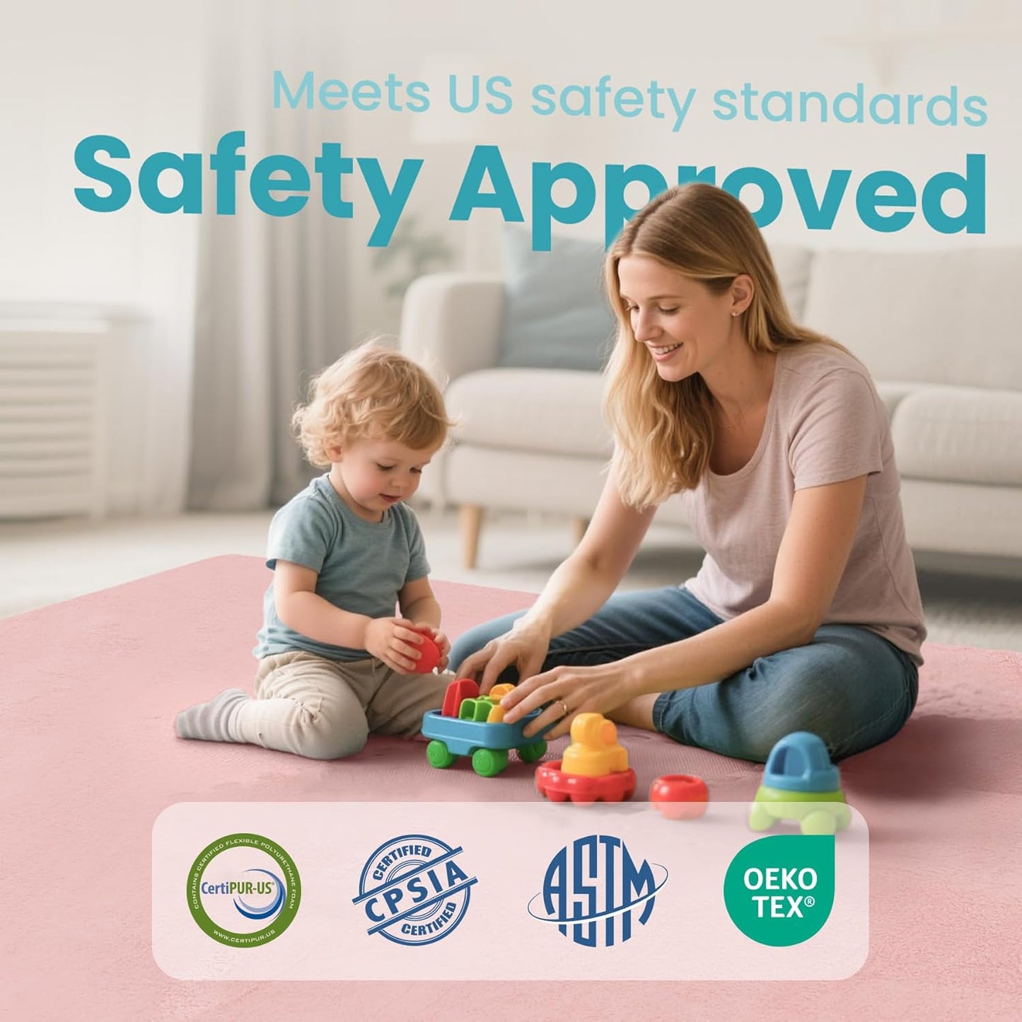 Baby Play Mat for Floor,1.3" Thick Elasti-Foam 50"×74" Playpen Mat for Tummy Time,Water Repellent Soft Coral Velvet for Toddler,Infant,Kids,Non-Slip Backing Safe for Crawling(Pink)