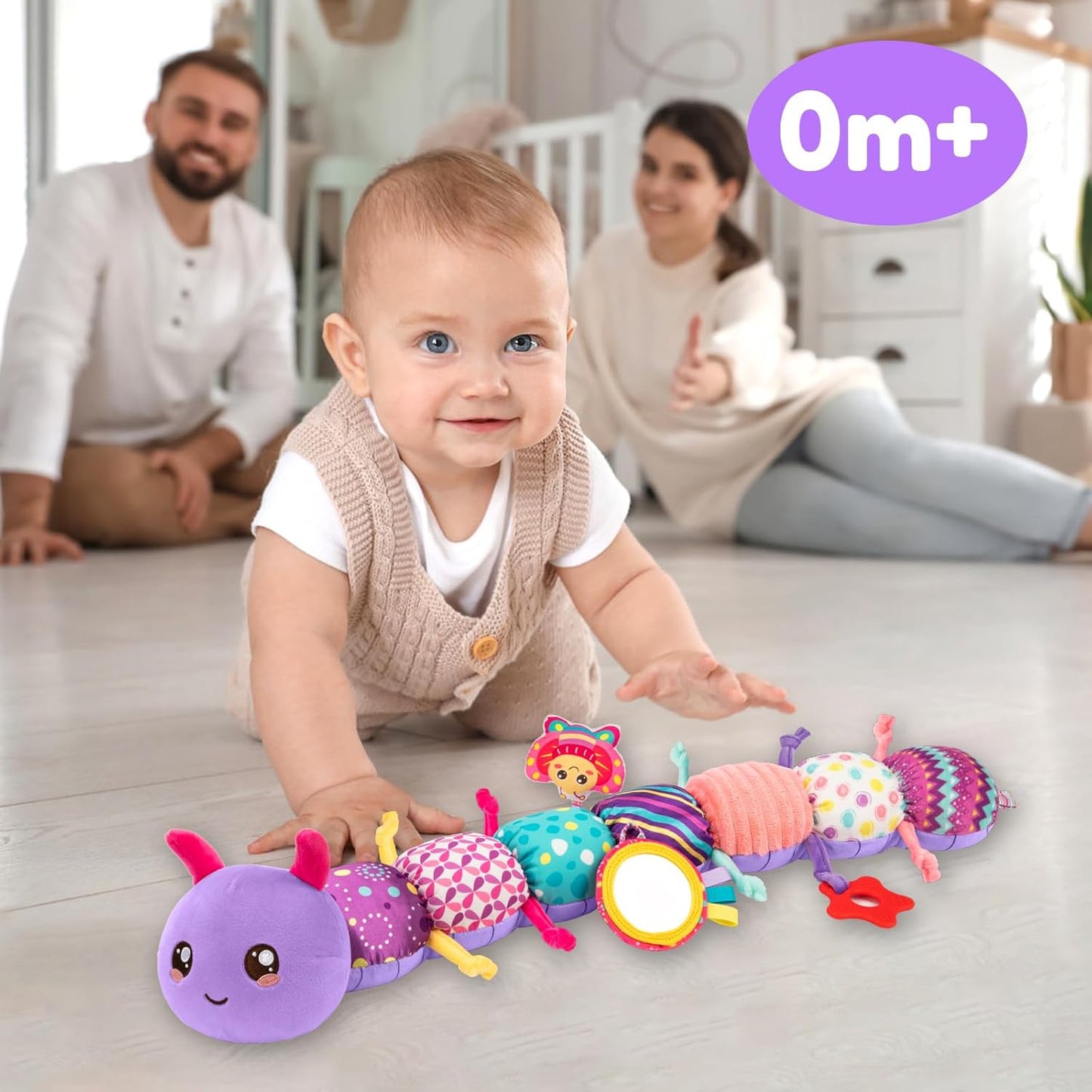 Baby Sensory Toys for 0-6 6-12 Months, Musical Stuffed Caterpillar Toy with Crinkle Rattle Mirror, Baby Essentials Infant Tummy Time Toys for 3 6 9 12 18 Months, Newborn Boys Girls Shower Gifts