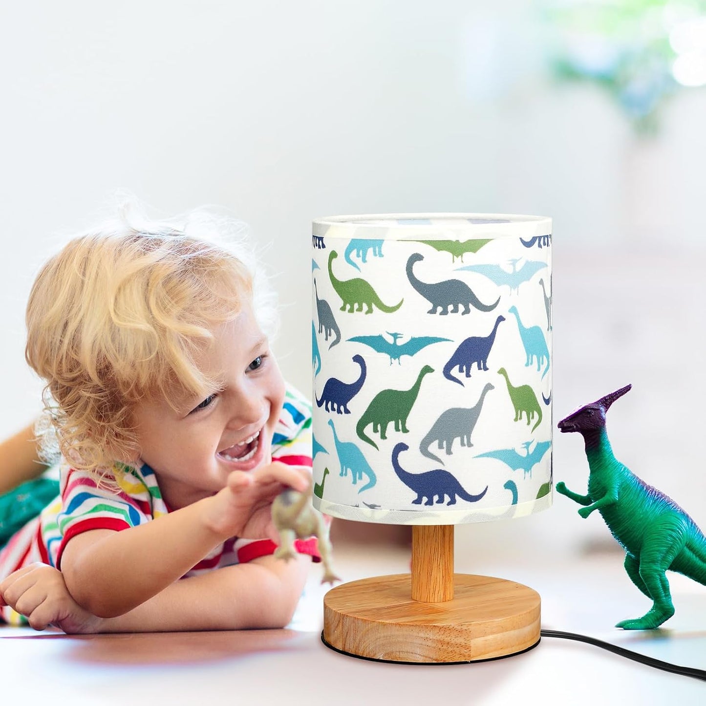 VIHOSE Dinosaur Kids Table Lamp for Bedroom Kids Bedside Lamp with Linen Wooden Nightstand Cartoon Nursery Lampshade for Girls Boys Living Room