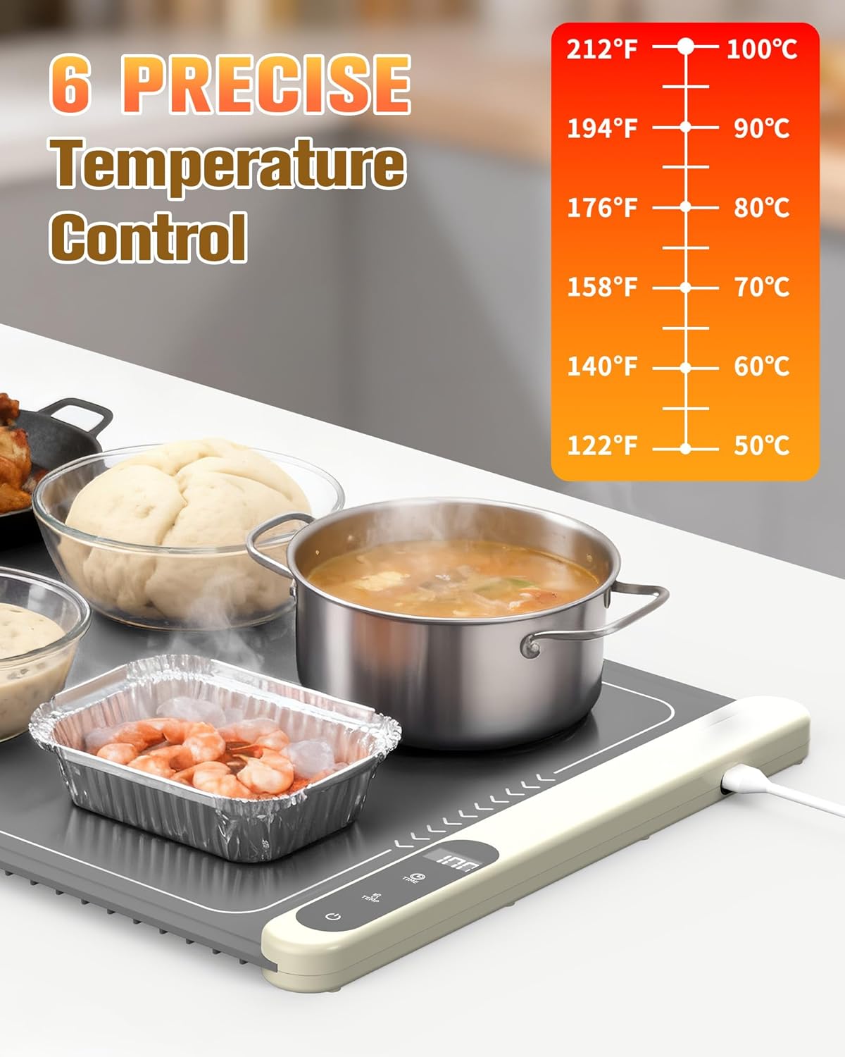 Potahouse® Warming Mat for Food, Graphene Full-Surface Fast Heating, Electric Warming Tray with 6 Temp & Timer Settings, Rollable & Portable Silicone Food Warmer for Parties, Home and Travel, Gray