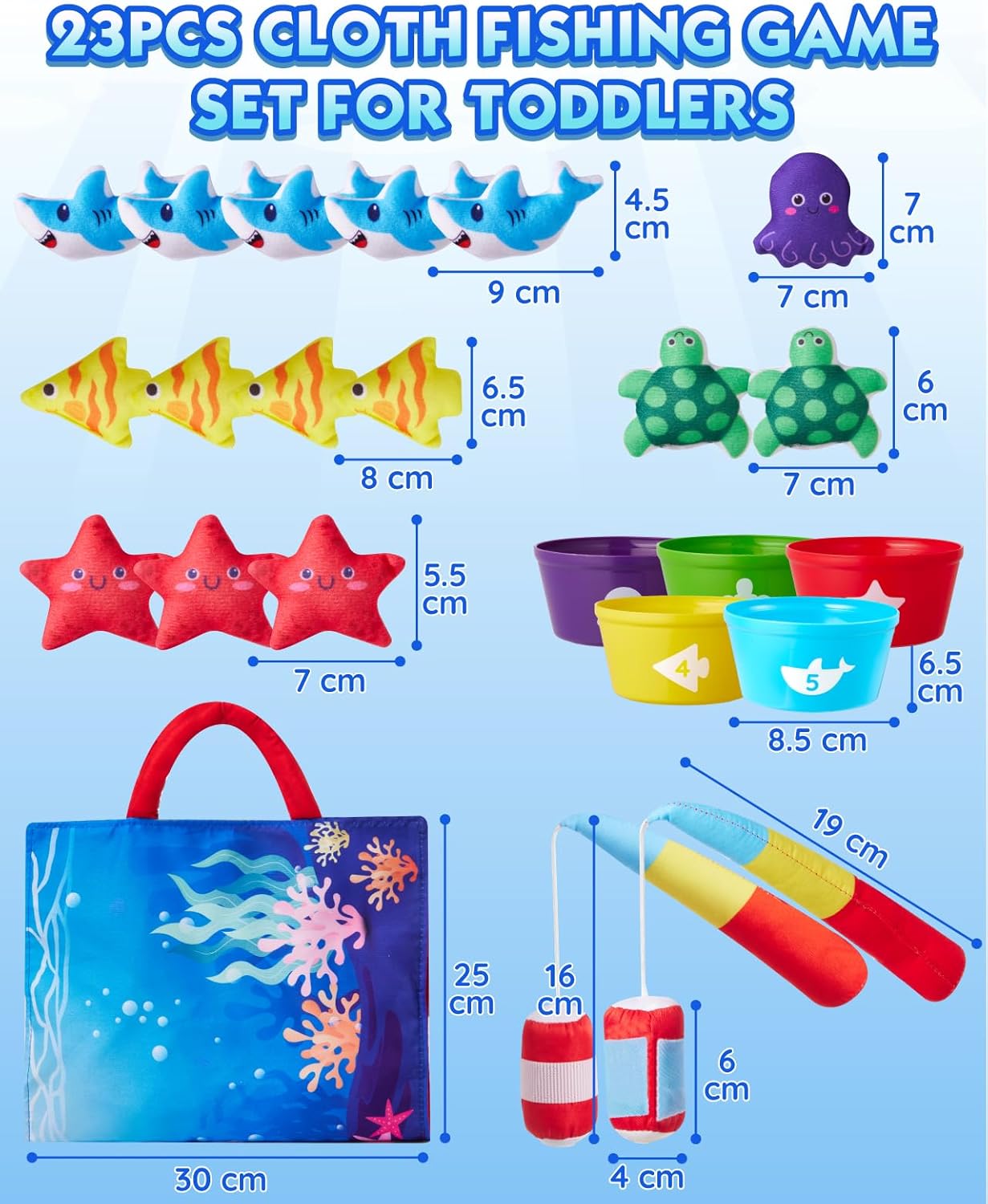 Montessori Toys for 1 Year Old: 10 In 1 Cloth Fishing Game Set with 5 Diverse Fish, 23pcs Stacking Toy Educational Learning Toy for 1 2 3 Years Old Toddler Toys Baby Boys Girls Birthday Gifts