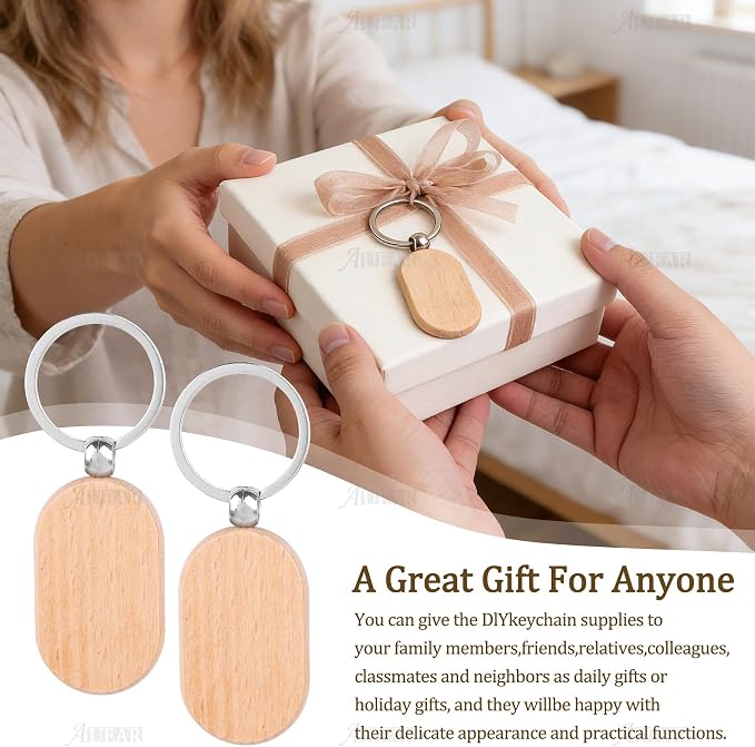AUEAR, Blank Wooden Key Chain Wood Keychain Key Ring Key Tags Personalized EDC