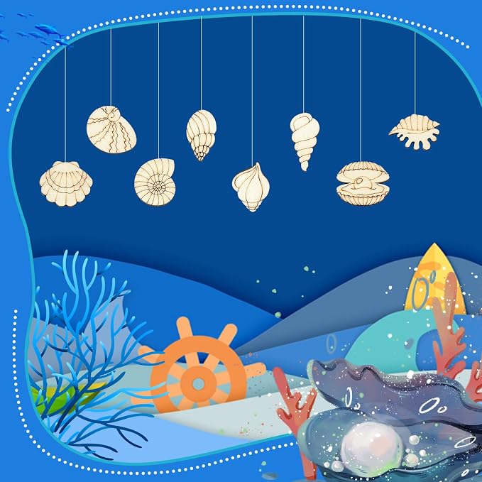 200 Pcs Unfinished Wooden Shell Shapes Blank Wood Slices Seashell Wooden Craft