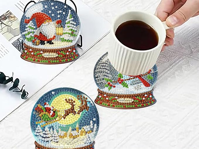 8 PCS Christmas Diamond Art Coasters Kits Snowball Diamond Painting Coaster |