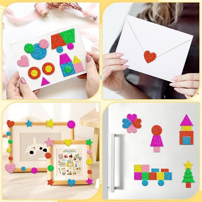CCINEE 714 Pcs Glitter Foam Stickers 6 Colors Self Adhesive Heart Stars Circle