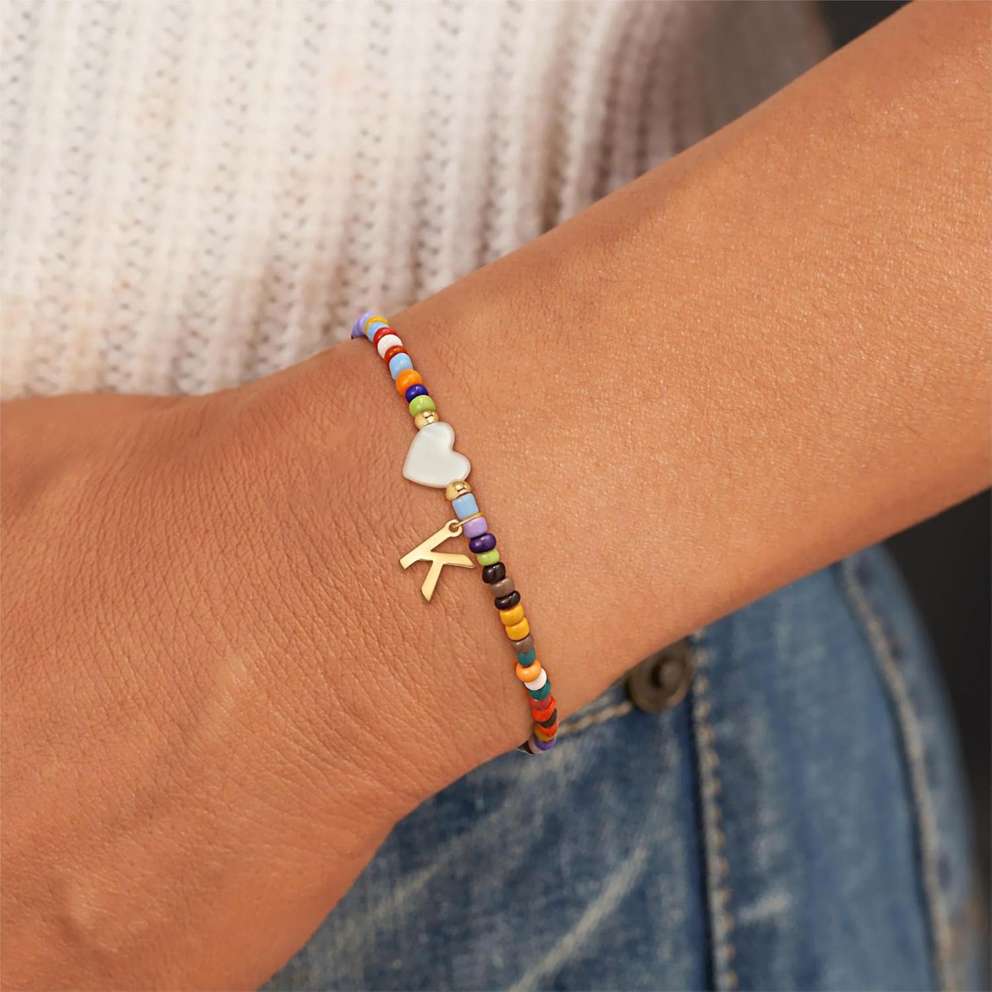 Christmas Gifts for Grandkids Teens Girls - Cute Beaded Heart Initial Bracelets for Women Teen Girl Trendy Stuff, Birthday Gifts Stocking Stuffers for Teen Girls Women Jewelry