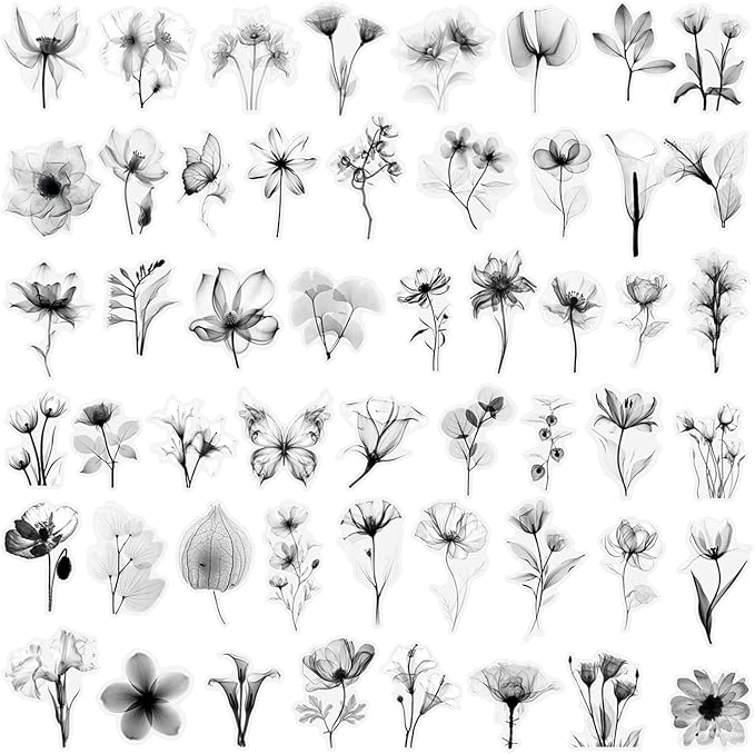 50Pcs Transparent Black and White Waterproof Plant Stickers