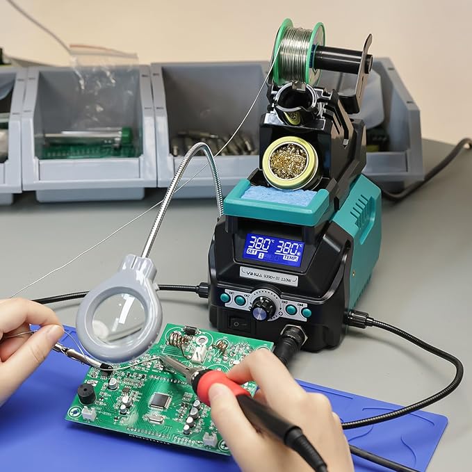 YIHUA 939D+ III EVO Digital Soldering Iron Station Kit 110W High Power with LCD display, 4 Memory Channels, Sleep Mode, Digital Calibration, Solder Wire, Helping Hands, Magnifier, 3 Soldering Tips