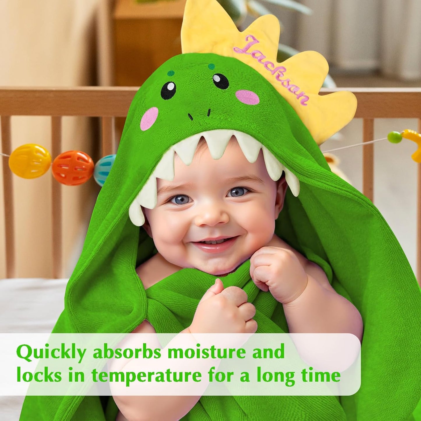 Custom Hooded Bath Towel with Name, Personalized Highly Absorbent Bunny Towels, Baby Bath Towels for Girls Boys, Brithday for Baby, Toddler, Newborn (Green-Dinosaurs)