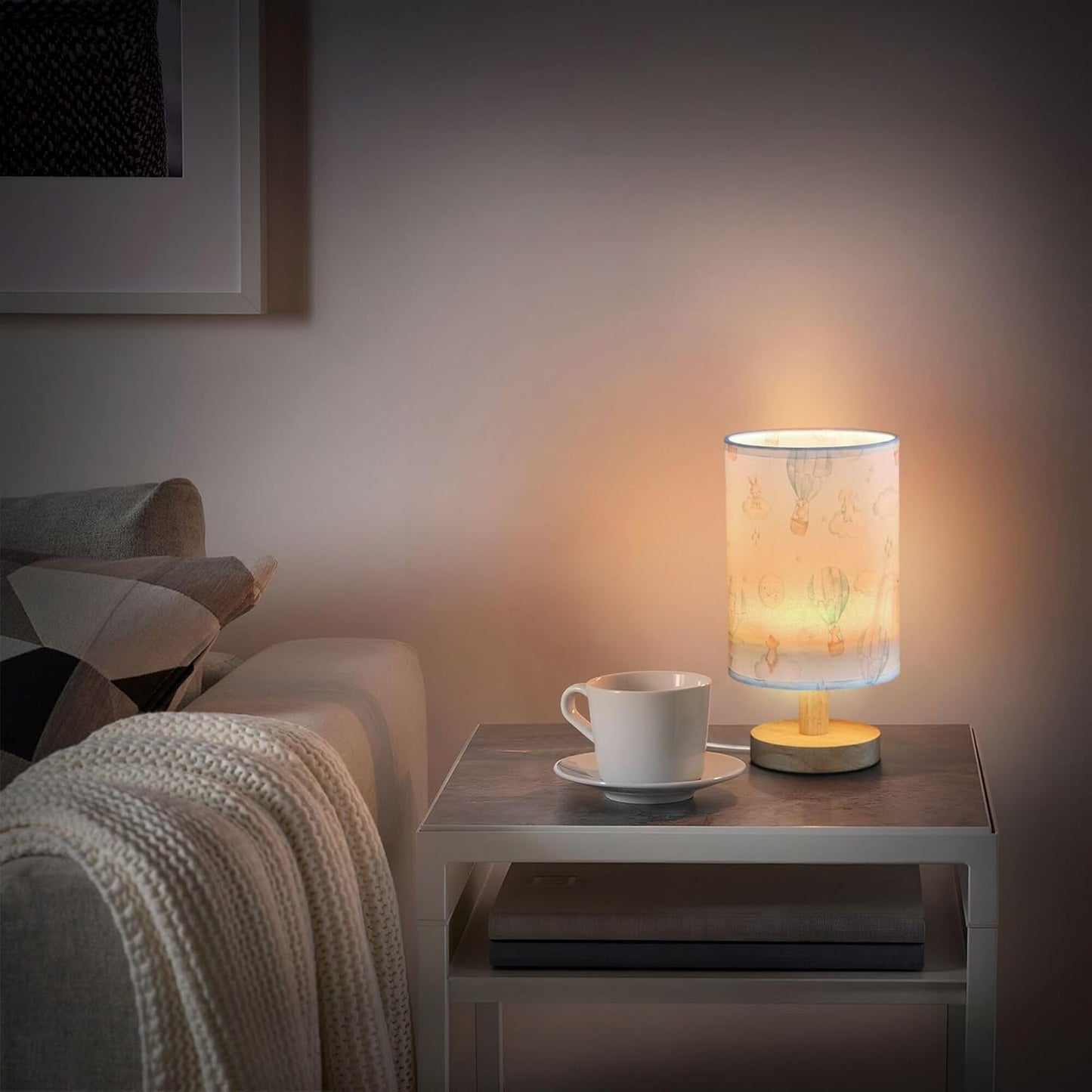 Table Lamp Watercolor Hot Air Balloon Elephant Rabbit Bear Mouse Moon Star Nightstand Lamp with Wood Base Fabric Lamp Shade Bedside Desk Lamp for Living Room Bedroom Kids Room Office