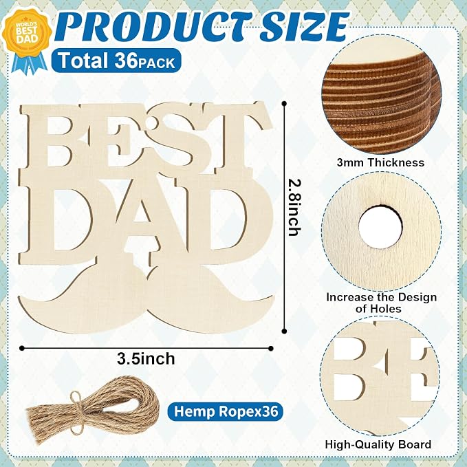 36PCS Wooden Father's Day Ornaments to Paint, Fathers Day Crafts